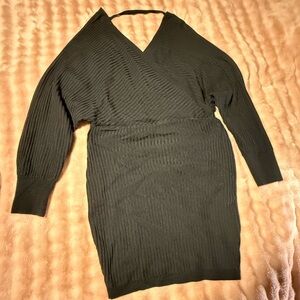 Black Ribbed V-Neck Sweater Dress